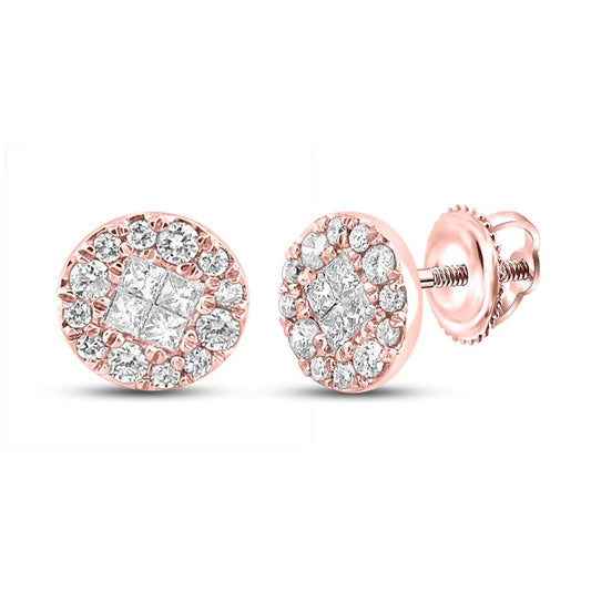 14k Rose Gold Princess Round Diamond Cluster Earrings 1/4 Cttw