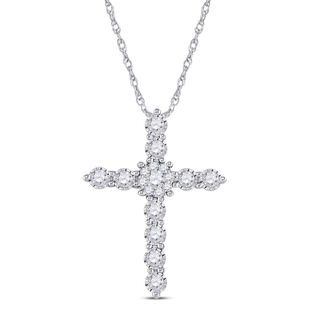 14k White Gold Round Diamond Cross Pendant 1/2 Cttw