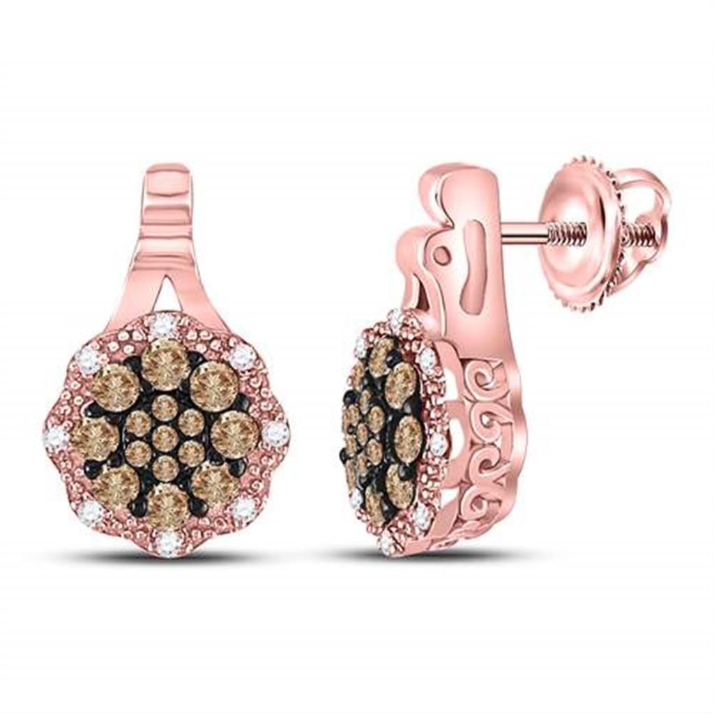 14k Rose Gold Round Brown Diamond Cluster Earrings 1/2 Cttw