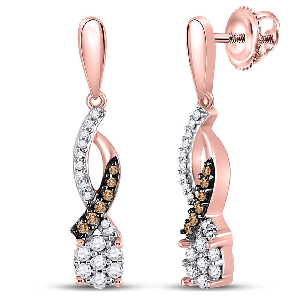 10k Rose Gold Round Brown Diamond Dangle Earrings 1/5 Cttw