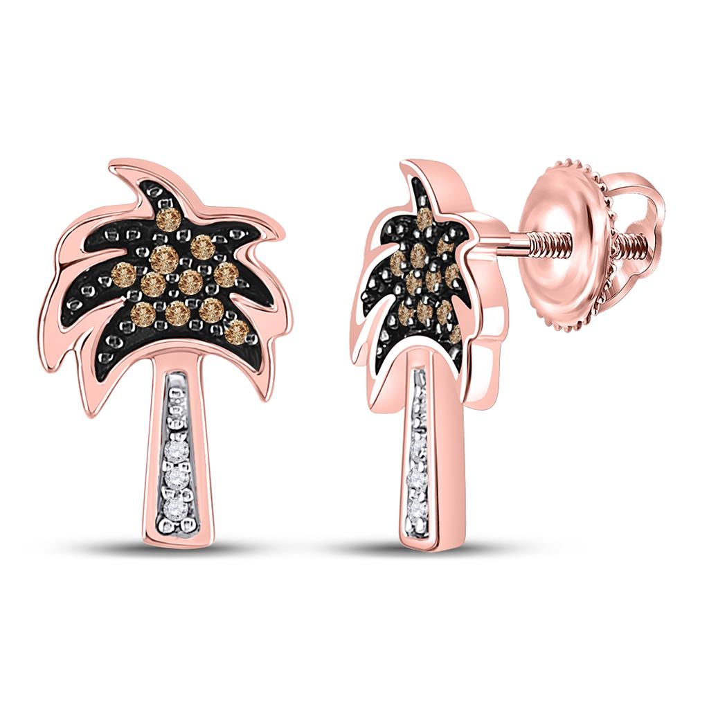 10k Rose Gold Round Brown Diamond Palm Tree Earrings 1/8 Cttw