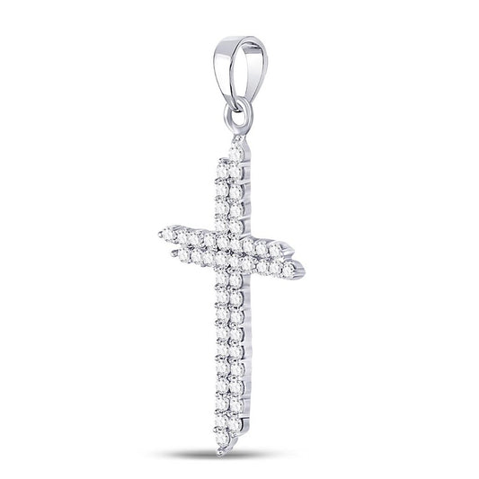 14kt White Gold Round Diamond Asymmetric Cross Pendant 1/2 Cttw