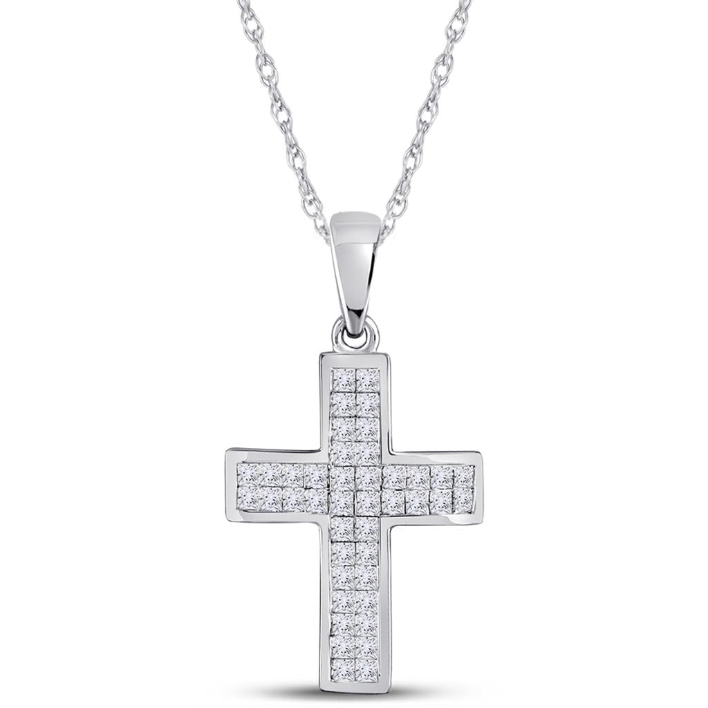 14k White Gold Princess Diamond Religious Cross Pendant 1/2 Cttw