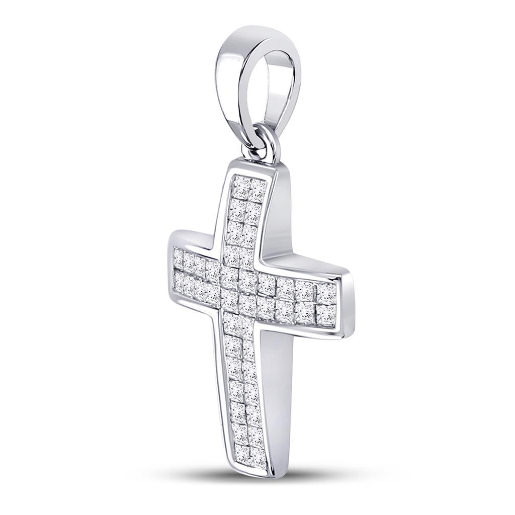 14k White Gold Princess Diamond Religious Cross Pendant 1/2 Cttw