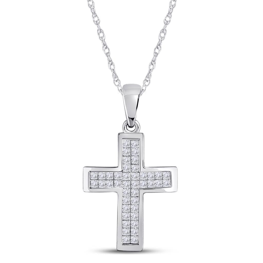 14k White Gold Round Diamond Cross Pendant 1 Cttw