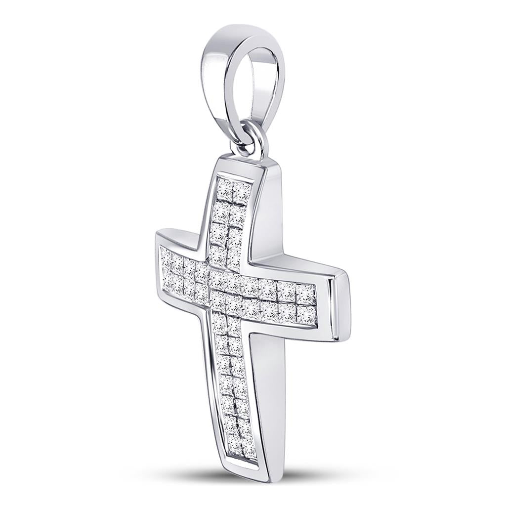 14k White Gold Round Diamond Cross Pendant 1 Cttw