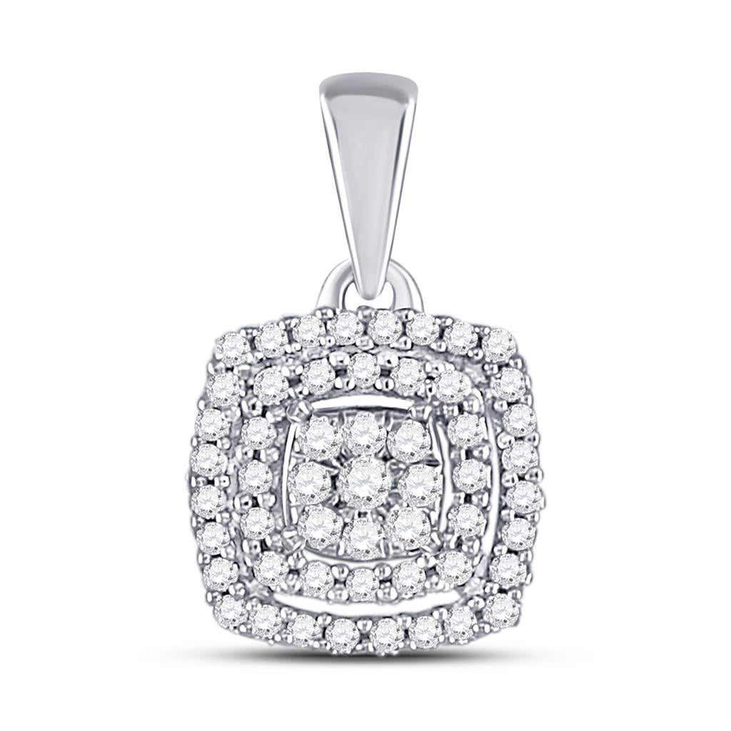 14k White Gold Round Diamond Square Frame Cluster Pendant 1/8 Cttw