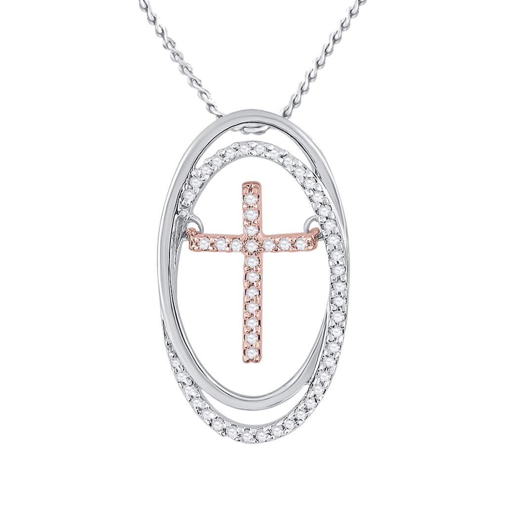 10k Two-tone Gold Round Diamond Oval Moving Cross Pendant 1/8 Cttw