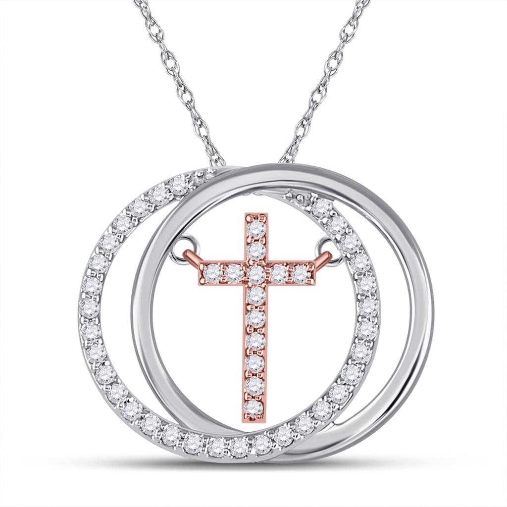 10k Two-tone Gold Round Diamond Circle Cross Pendant 1/5 Cttw