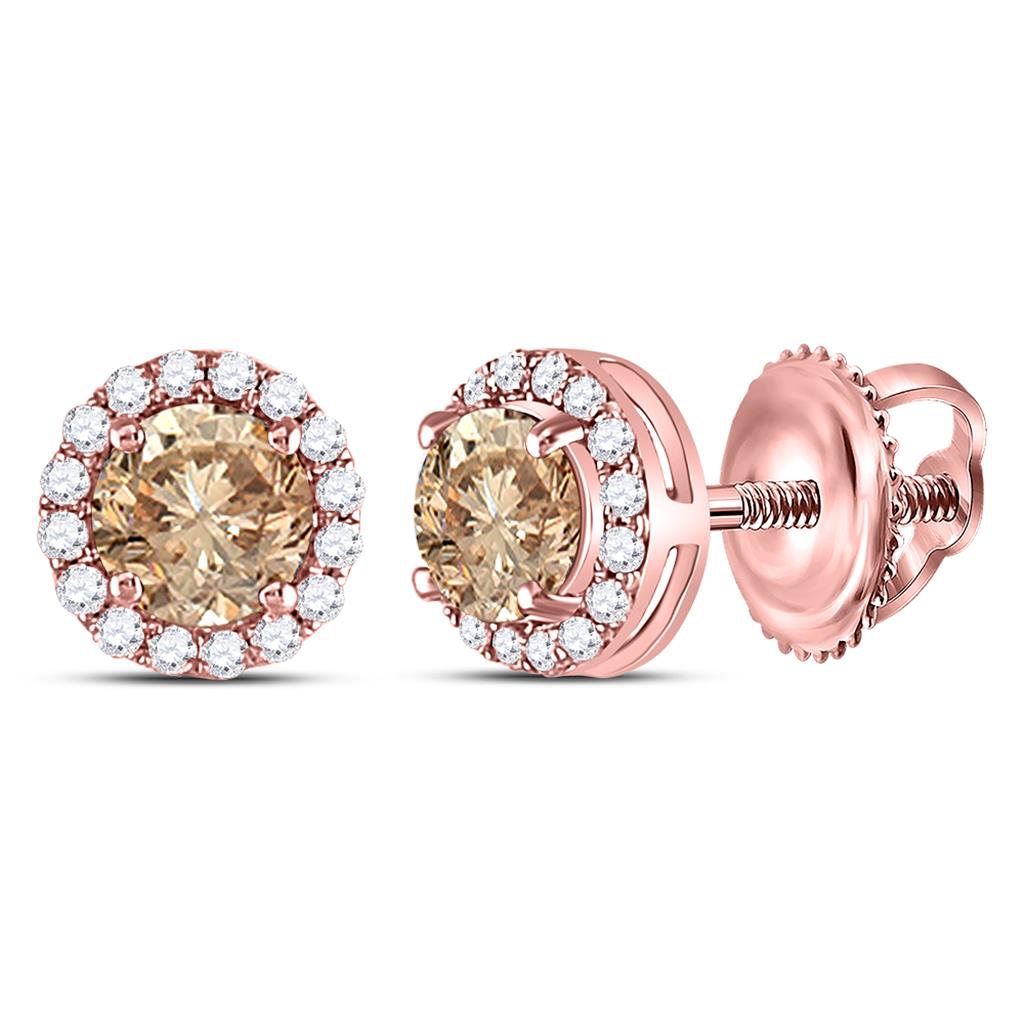 14k Rose Gold Round Brown Diamond Stud Earrings 1 Cttw