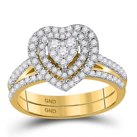 10k Yellow Gold Round Diamond Heart Bridal Wedding Ring Set 5/8 Cttw