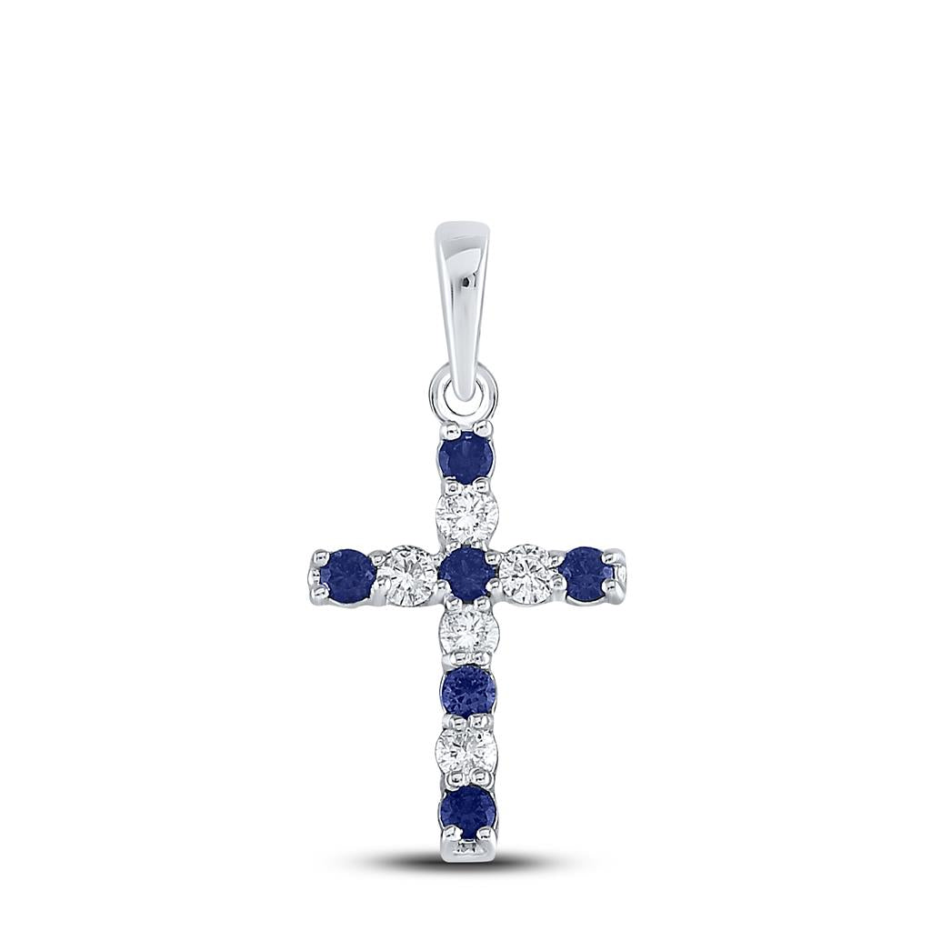 14k White Gold Round Created Blue Sapphire Cross Pendant 1/3 Cttw