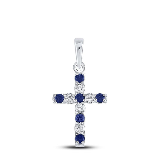 14k White Gold Round Created Blue Sapphire Cross Pendant 1/3 Cttw