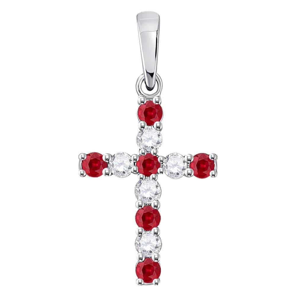 14k White Gold Round Created Ruby Faith Cross Pendant 3/8 Ctw