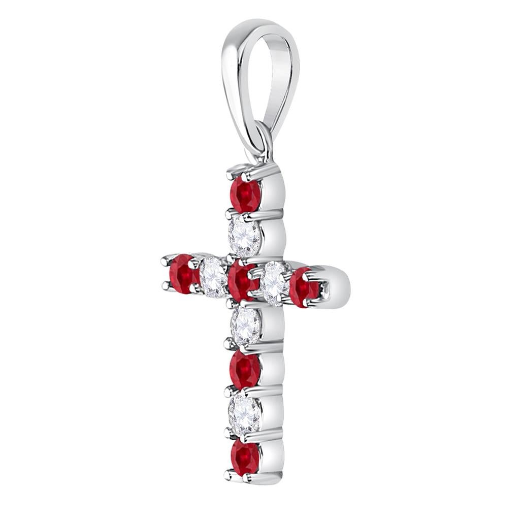 14k White Gold Round Created Ruby Faith Cross Pendant 3/8 Ctw