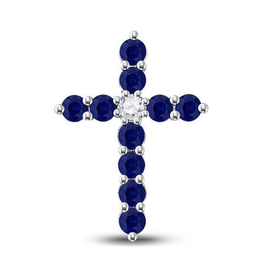 14k White Gold Round Created Blue Sapphire Cross Pendant 7/8 Cttw