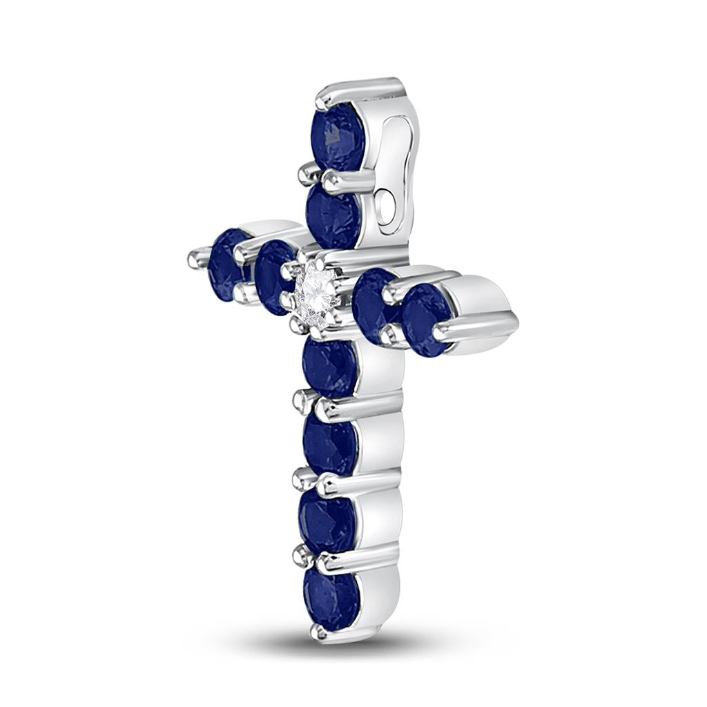 14k White Gold Round Created Blue Sapphire Cross Pendant 7/8 Cttw