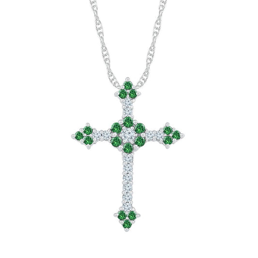 14k White Gold Round Created Emerald Cross Pendant 7/8 Cttw