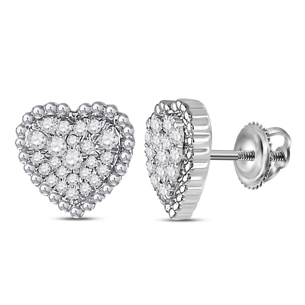 14k White Gold Round Diamond Beaded Heart Earrings 1/4 Cttw