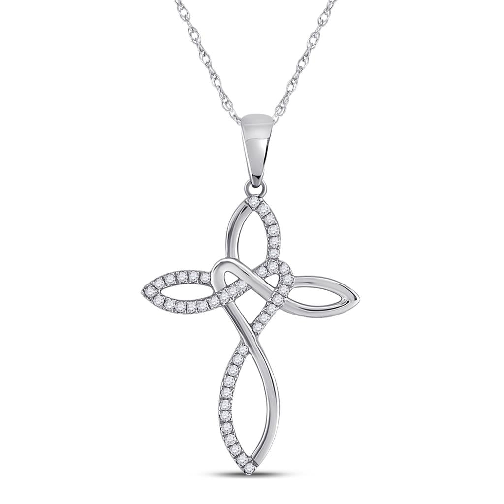 14k White Gold Round Diamond Woven Cross Pendant 1/5 Cttw