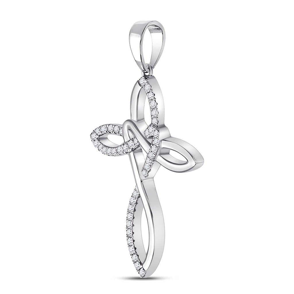 14k White Gold Round Diamond Woven Cross Pendant 1/5 Cttw