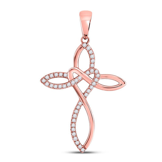 10k Rose Gold Round Diamond Woven Cross Pendant 1/5 Cttw