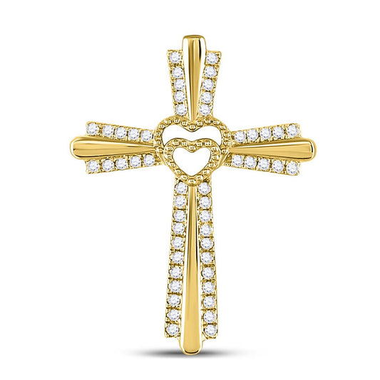 10k Yellow Gold Round Diamond Heart Cross Pendant 1/4 Cttw