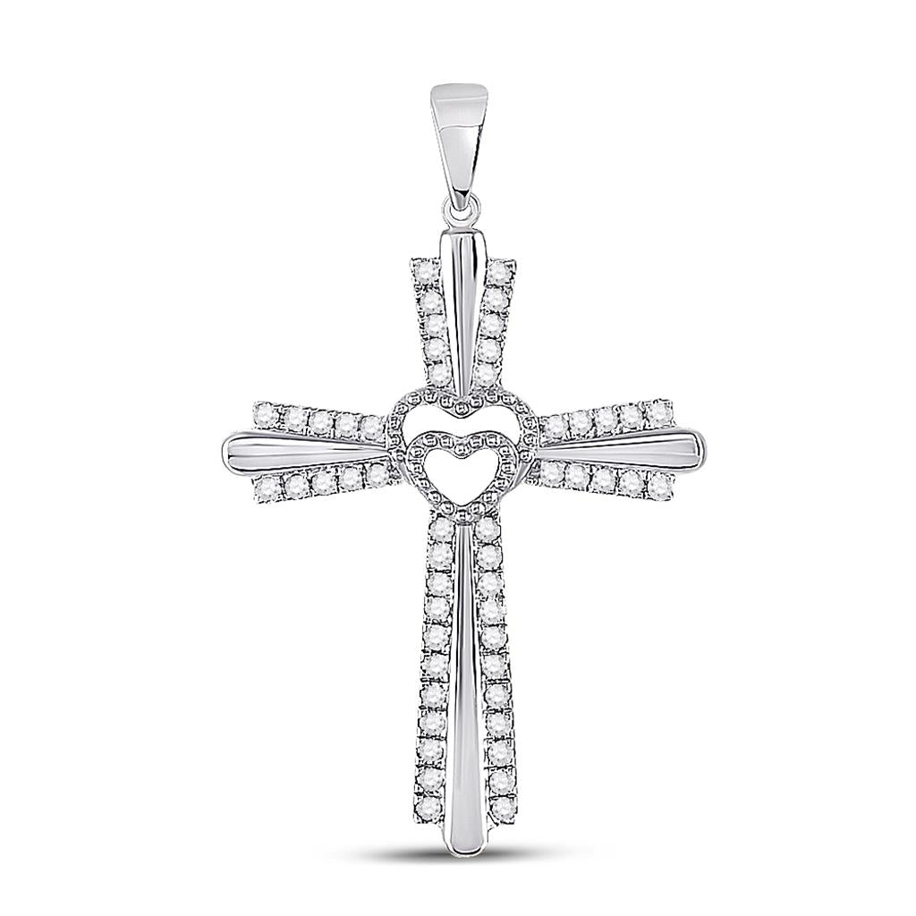 14k White Gold Round Diamond Heart Cross Pendant 1/4 Cttw