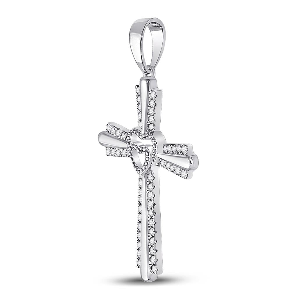 14k White Gold Round Diamond Heart Cross Pendant 1/4 Cttw