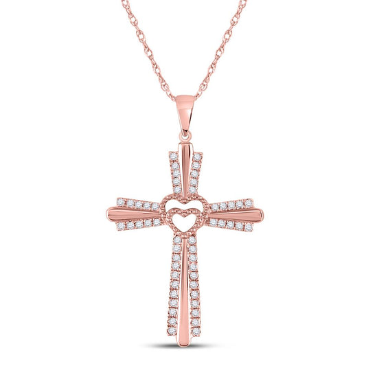 10k Rose Gold Round Diamond Heart Cross Pendant 1/4 Cttw