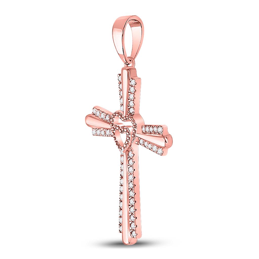 10k Rose Gold Round Diamond Heart Cross Pendant 1/4 Cttw