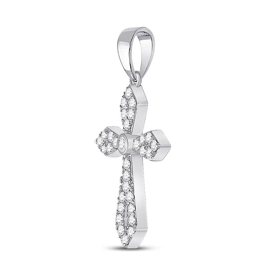 14k White Gold Round Diamond Gothic Cross Pendant 1/3 Cttw