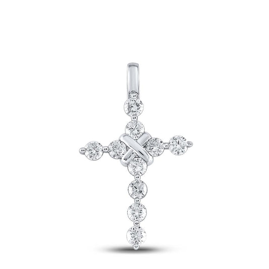 14k White Gold Round Diamond Bound Cross Pendant 1 Cttw