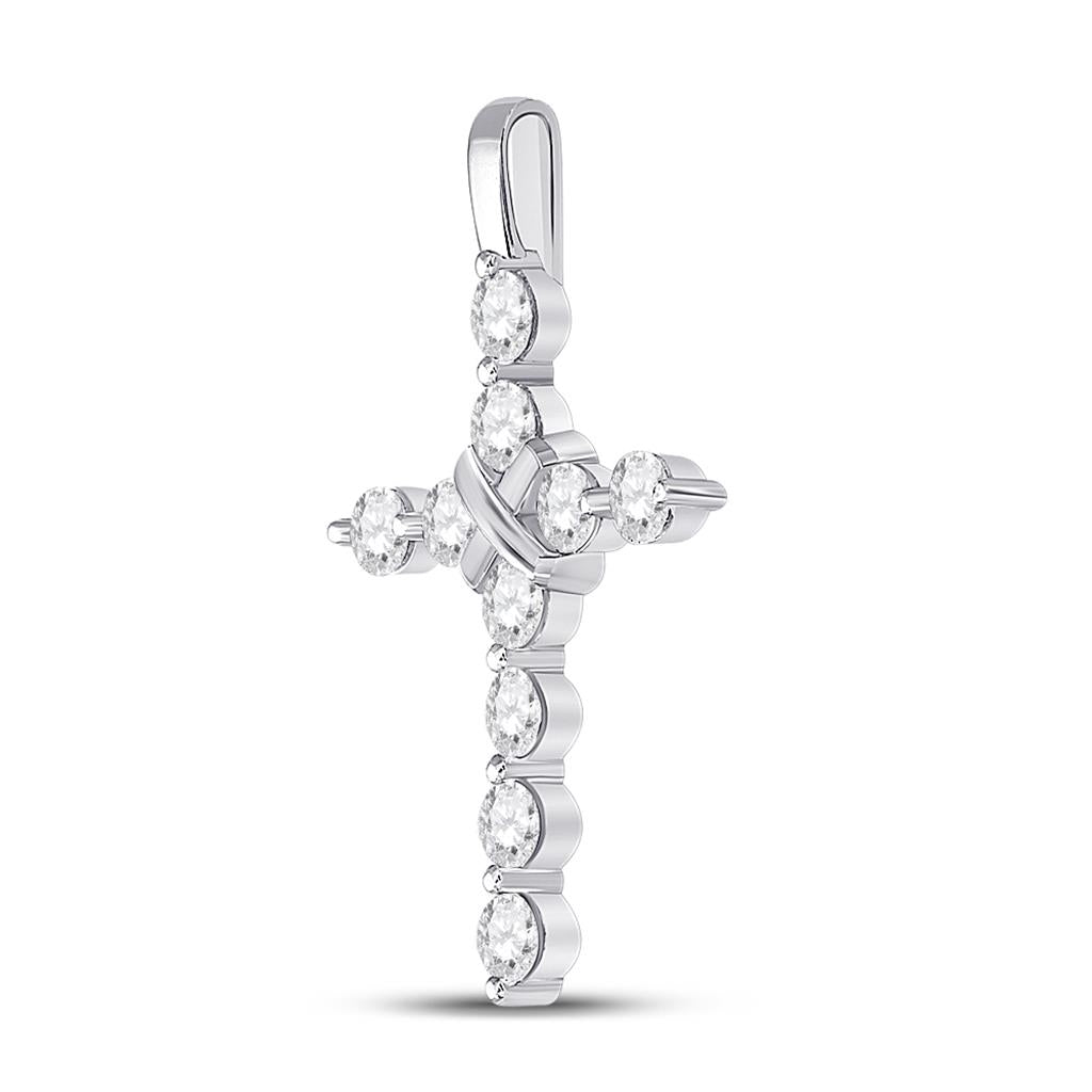 14k White Gold Round Diamond Bound Cross Pendant 1 Cttw