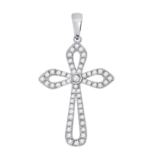 14k White Gold Round Diamond Gothic Cross Pendant 1/3 Cttw