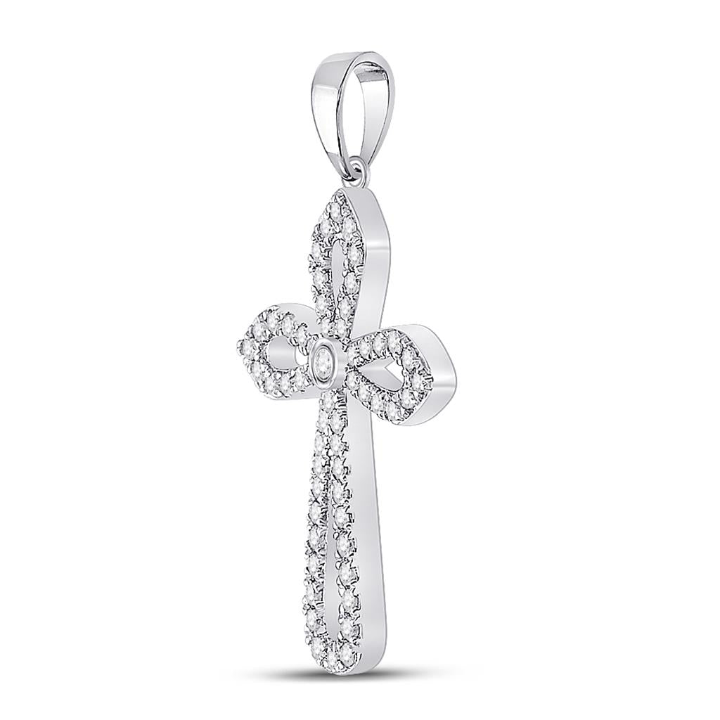 14k White Gold Round Diamond Gothic Cross Pendant 1/3 Cttw