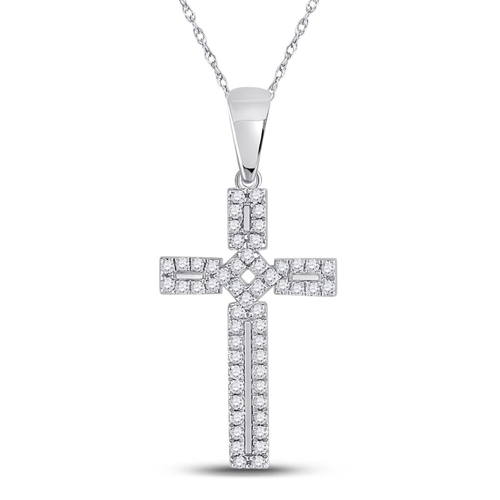 14k White Gold Round Diamond Roman Cross Pendant 1/3 Cttw