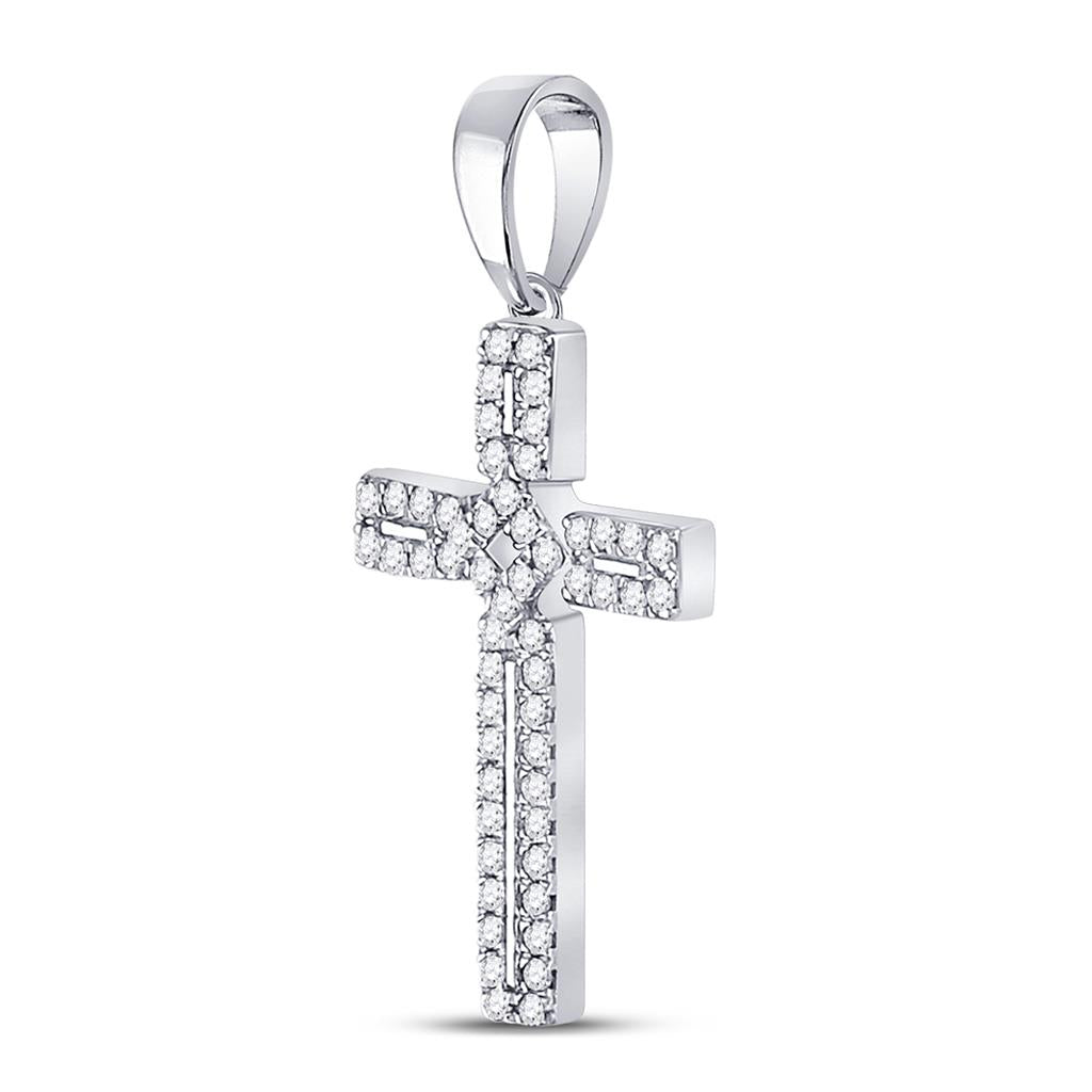 14k White Gold Round Diamond Roman Cross Pendant 1/3 Cttw