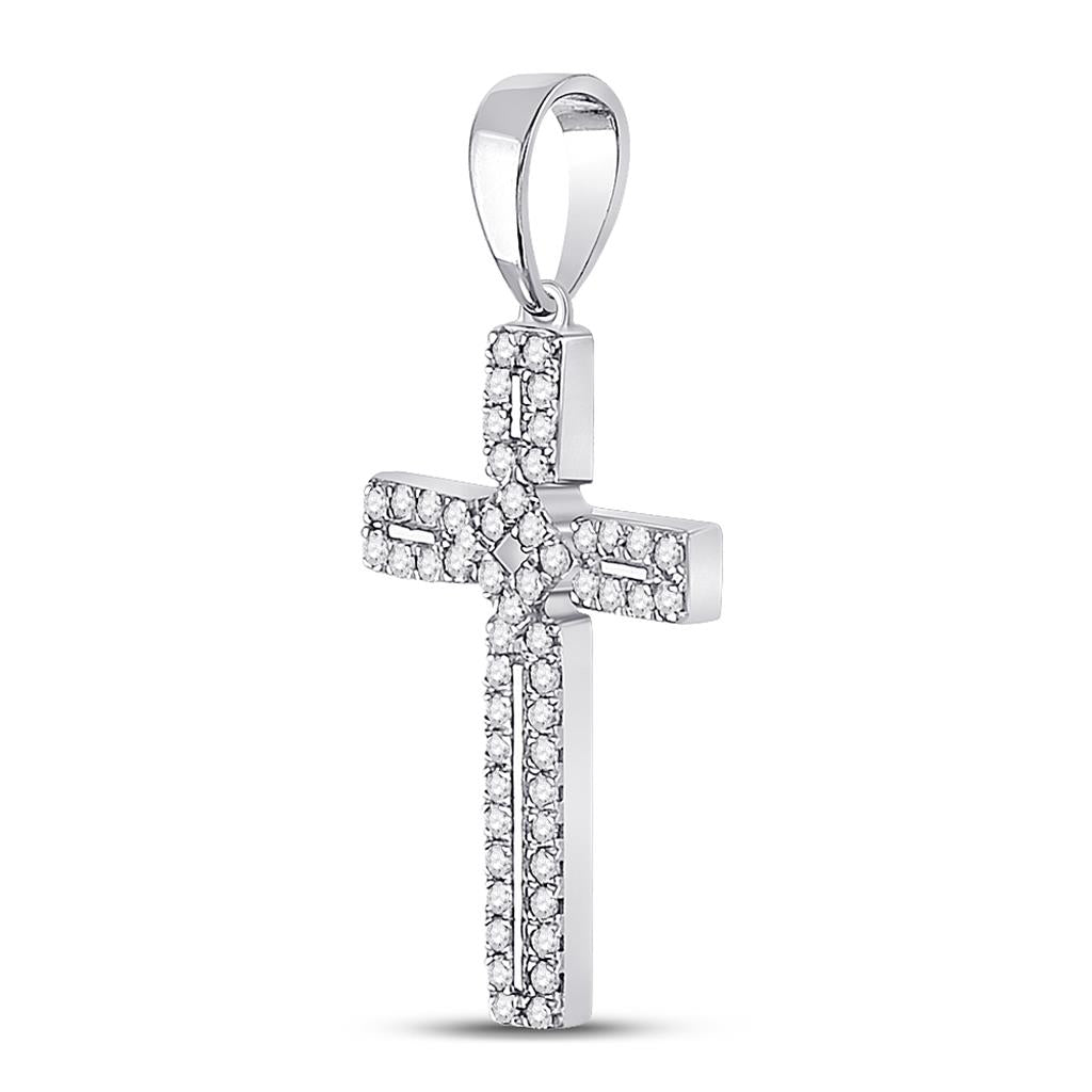 14k White Gold Round Diamond Roman Cross Pendant 1/3 Cttw