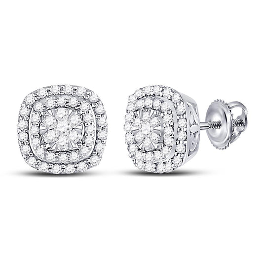 14k White Gold Round Diamond Cushion Halo Cluster Earrings 1/2 Ctw