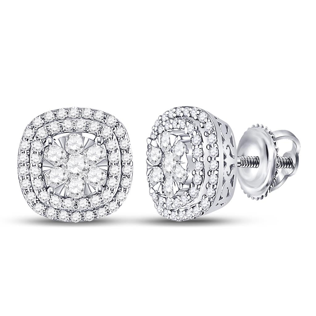 14k White Gold Round Diamond Cluster Cushion Earrings 1 Cttw