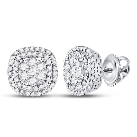 14k White Gold Round Diamond Cluster Cushion Earrings 1 Cttw