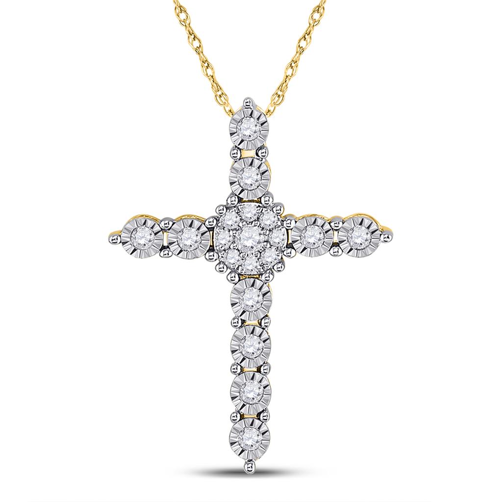 14k Yellow Gold Round Diamond Cross Pendant 1/4 Cttw