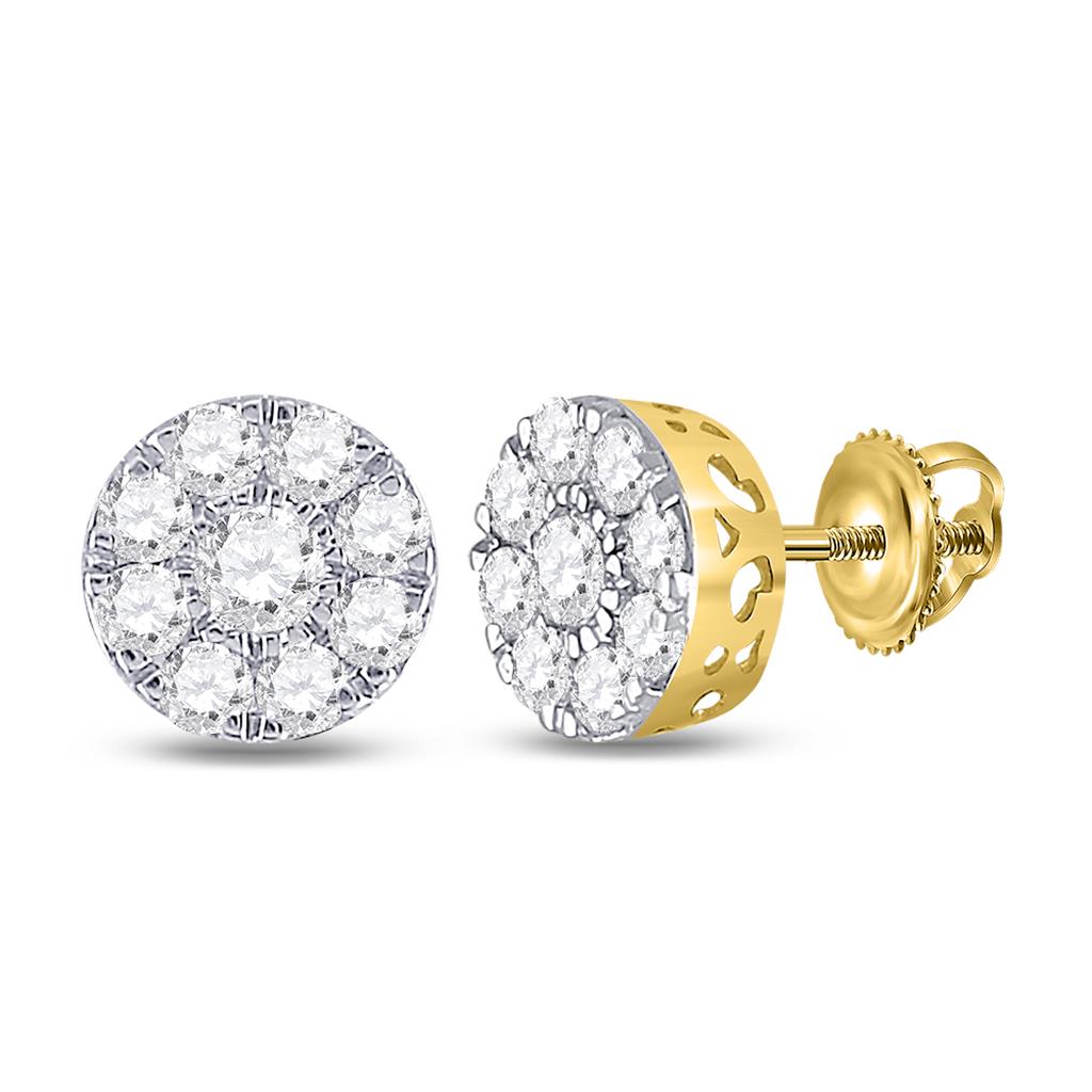 10k Yellow Gold Round Diamond Flower Cluster Earrings 3/4 Cttw