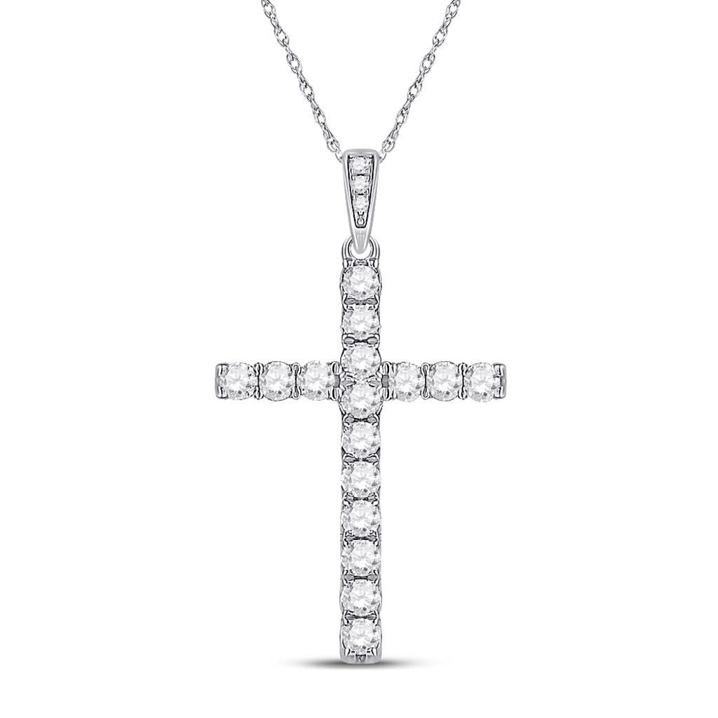 14k White Gold Round Diamond Cross Pendant 1/2 Cttw