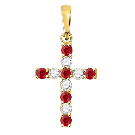 10k Yellow Gold Round Created Ruby Cross Pendant 3/8 Cttw