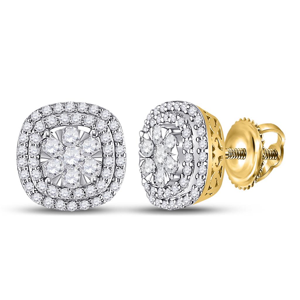 14k Yellow Gold Round Diamond Cluster Cushion Earrings 1 Cttw