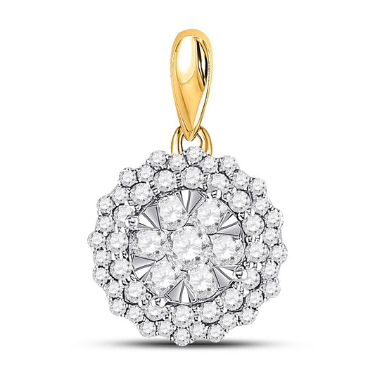 14k Yellow Gold Round Diamond Circle Flower Cluster Pendant 1/2 Cttw