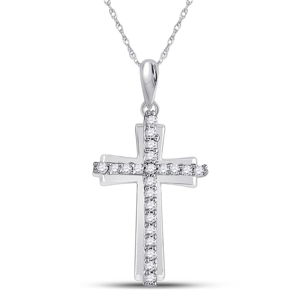 14k White Gold Round Diamond Cross Pendant 1/6 Cttw