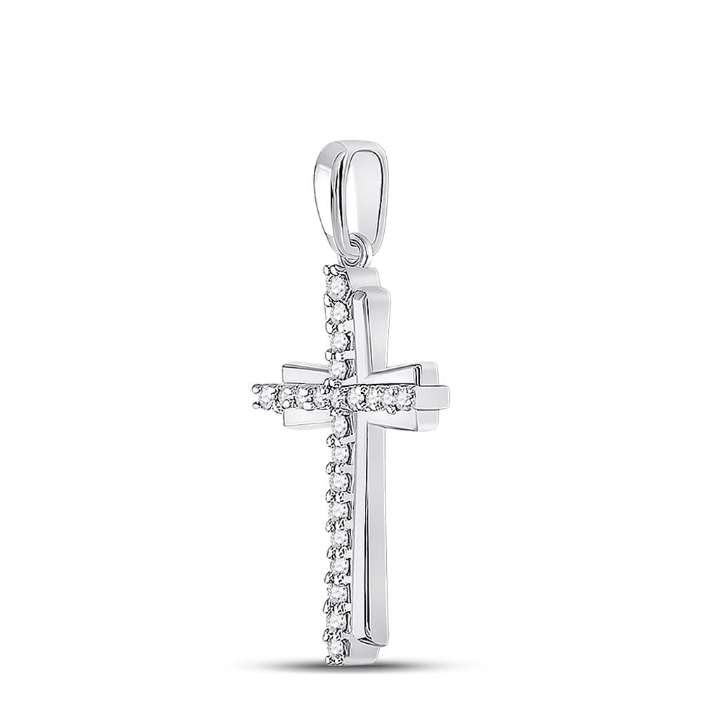 14k White Gold Round Diamond Cross Pendant 1/6 Cttw